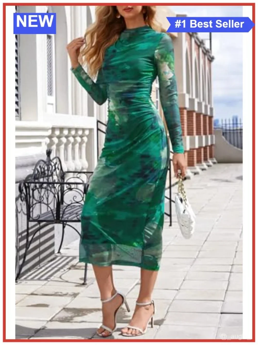 Long Sleeve Tie-Dye Maxi Dress with Ruched Detail and Mock Neck